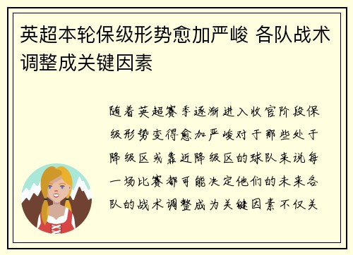 英超本轮保级形势愈加严峻 各队战术调整成关键因素 英超本轮保级形势愈加严峻 各队战术调整成关键因素