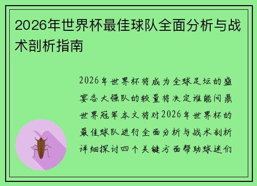 2026年世界杯最佳球队全面分析与战术剖析指南